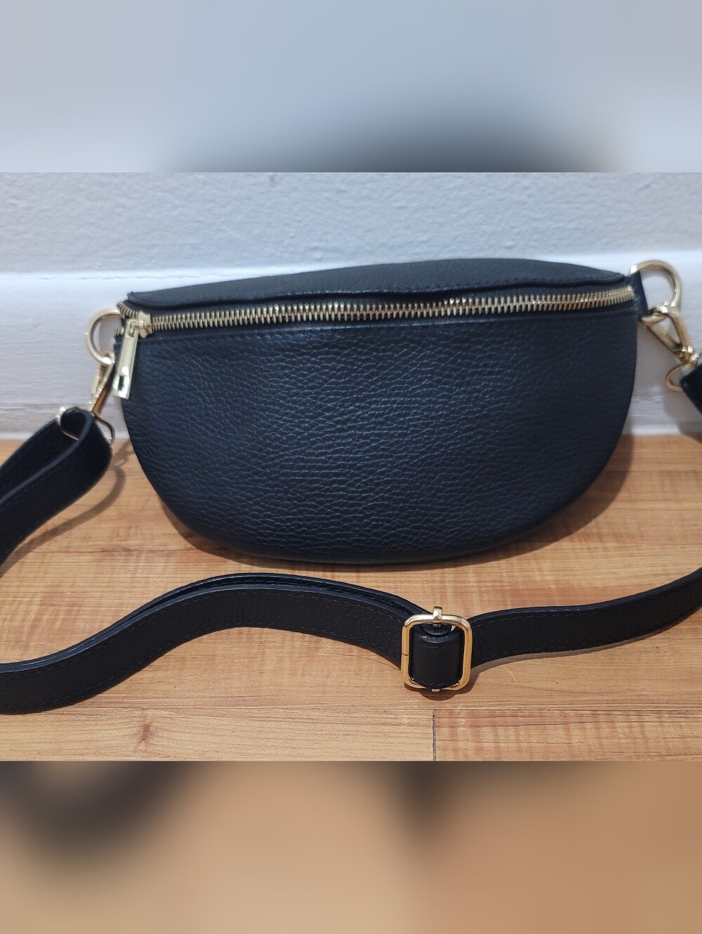 Pelle Black Pebbled Leather Waist/Crossbody Bag with Gold Hardware Made In Italy
